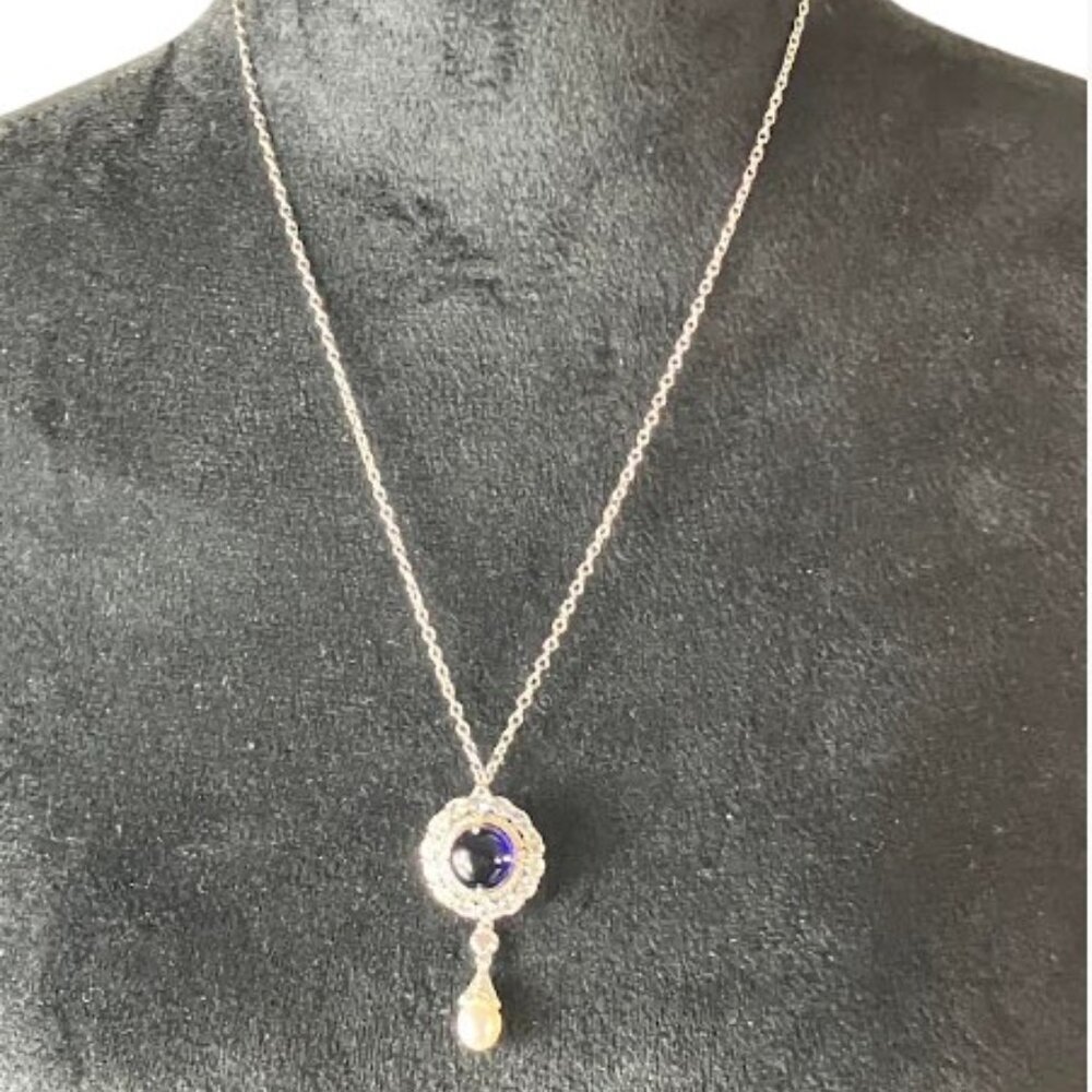 Handcrafted Sapphire Blue Cabochon Clear Cubic Zirconia Pearl Pendant Pin  20" - Picture 2 of 11